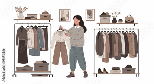 Woman choosing clothes from a rack in her organized closet.