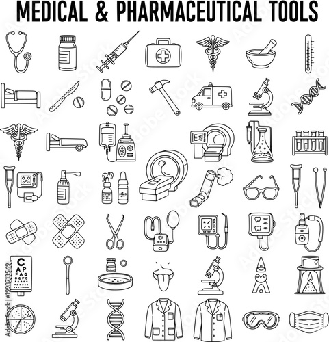 Medical  Pharmaceutical Tools Line Art Icons Set - Healthcare, Science  Hospital Equipment Collection