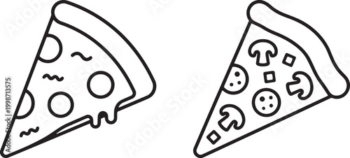 Web, Delicious fast food pizza slice with cheese and pepperoni outline icon for restaurant menu.