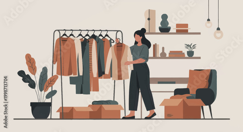 Woman organizing clothes on a rack in a stylish boutique setting.
