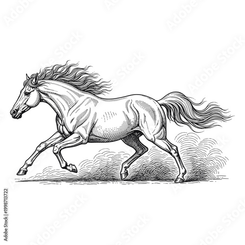 galloping horse in detailed black and white line art