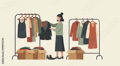 Woman organizing clothes on racks for a second-hand store or thrift shop.