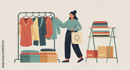 Woman shopping for clothes, browsing a rack of garments in a store.