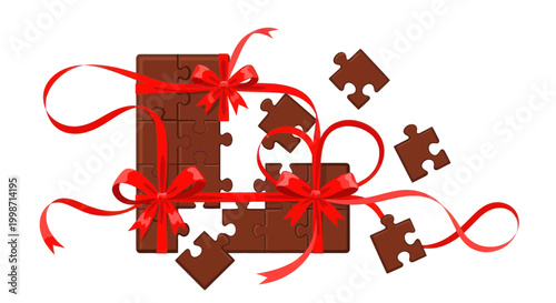 Brown puzzle pieces with red ribbons.