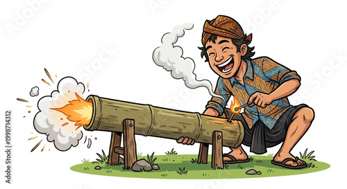 Traditional Indonesian Boy Playing Bamboo Cannon or Meriam Bambu Illustration