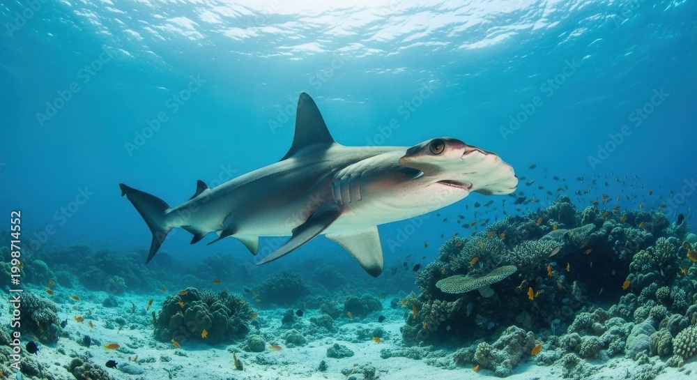 Fototapeta premium Magnificent Hammerhead Shark Swimming in the Turquoise Ocean.