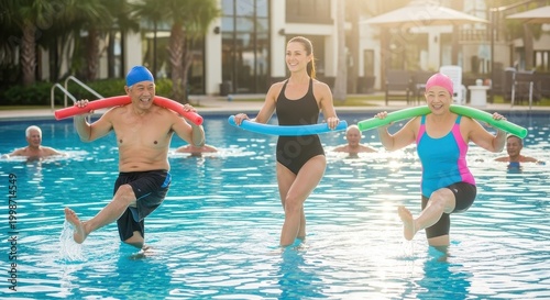 Group of People Exercising in a Swimming Pool with Noodles.