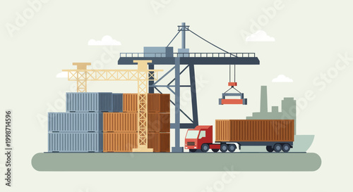 Industrial port scene with cargo containers, crane, and truck.