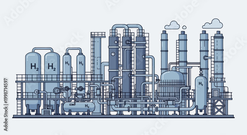 Industrial Hydrogen Production Plant with Storage Tanks and Processing Units.