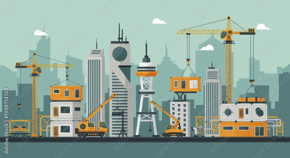 Fototapeta premium Modern Cityscape Under Construction with Cranes and Buildings.