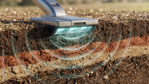A metal detector scanning the soil to locate underground objects or treasures in a field