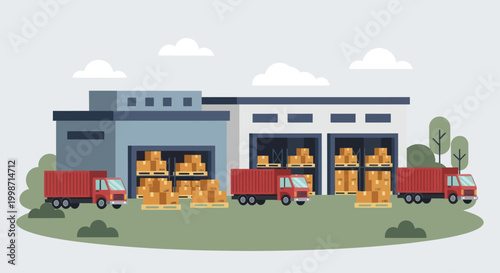 Logistics and Distribution Center with Trucks Loading and Unloading Goods.