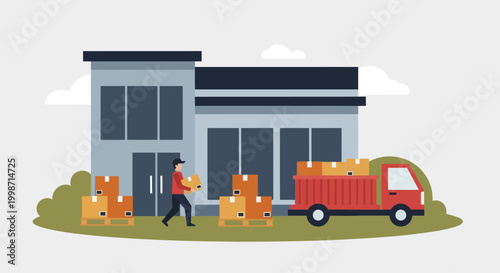 Man moving boxes from a red truck to a modern building.