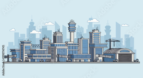 Modern Airport Terminal Building with Control Tower and Hangar.