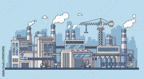 Modern Industrial Factory Complex with Smokestacks and Crane.