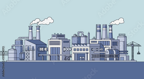 Modern Industrial Factory Complex with Smokestacks and Buildings.