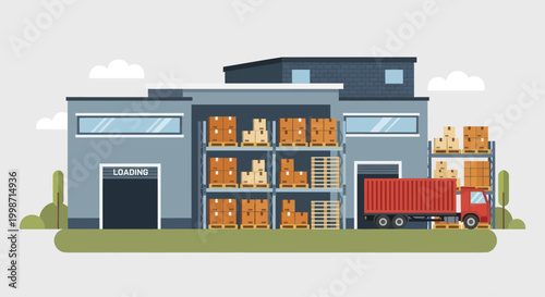 Modern Warehouse Building with Loading Truck and Cargo Boxes.