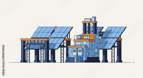 Modern Solar Power Plant with Large Panels and Industrial Buildings.