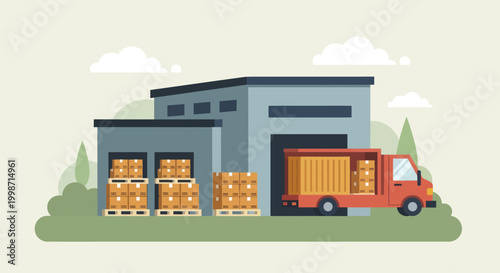 Modern Warehouse with Truck and Pallets of Boxes.