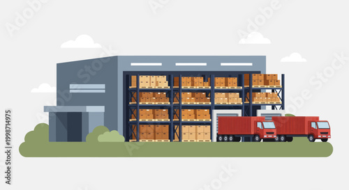 Modern Warehouse Building with Trucks and Cargo Boxes.