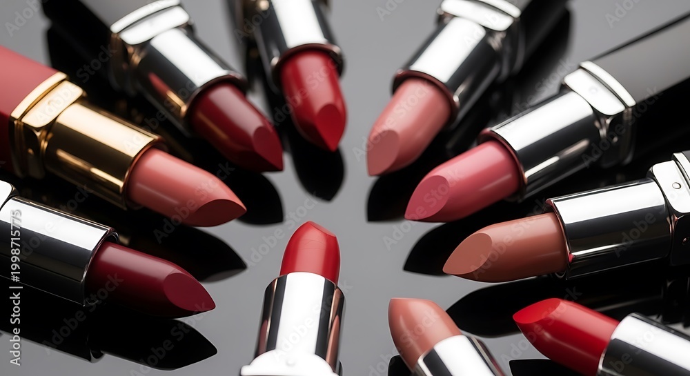 Obraz premium Vibrant Lipstick Collection Arranged in Circular Pattern on Reflective Surface