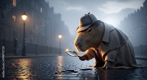 Anthropomorphic capybara detective in a trench coat and deerstalker hat investigating a footprint on a rainy cobblestone street with a magnifying glass