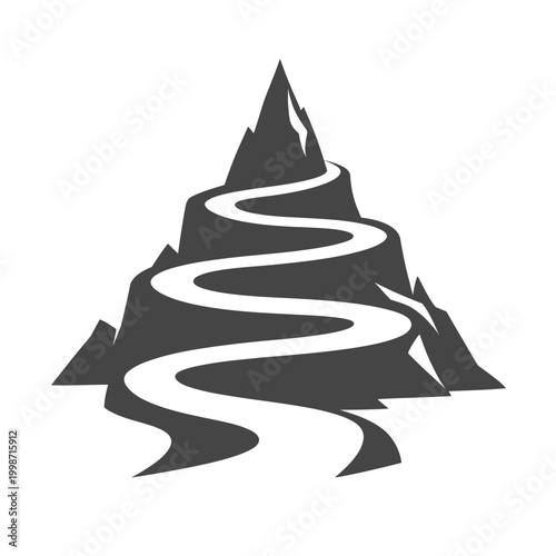 Flat vector design of a winding road spiraling up a sharp mountain peak