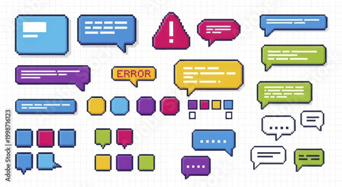 Collection of Colorful Pixel Art Speech Bubbles and Chat Boxes.
