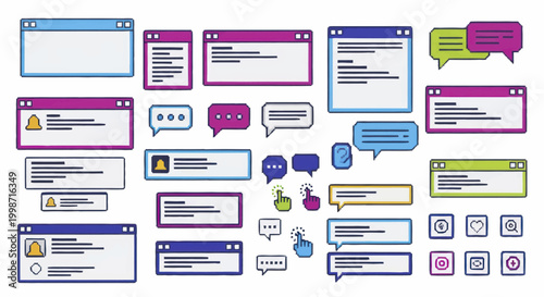 Collection of various user interface elements and notification windows.