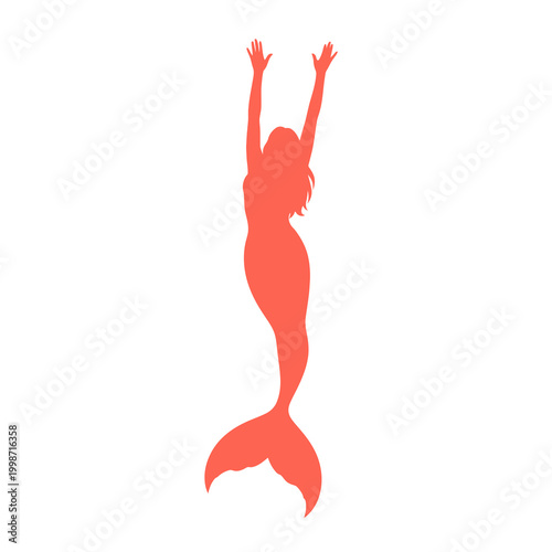 Coral orange silhouette of a mythical mermaid with arms raised reaching upwards, featuring a detailed fish tail and long hair, isolated on a plain white background for graphic design.