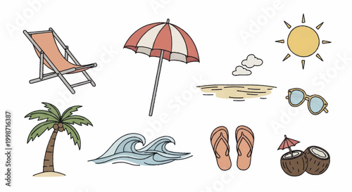 Colorful Hand-Drawn Summer Beach Vacation Elements Collection.