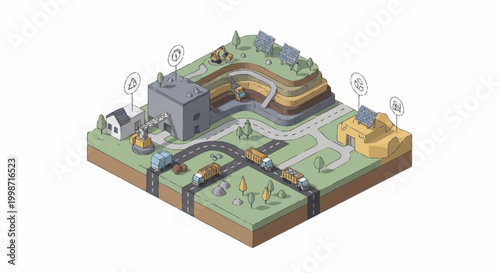 Cross section of urban infrastructure and geological layers.