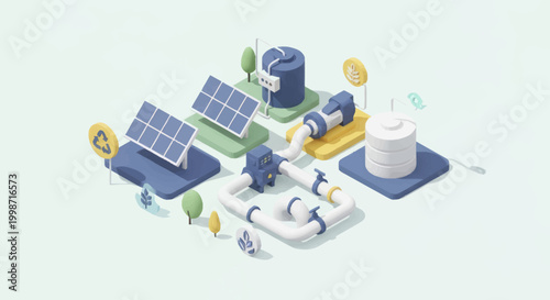 Eco-friendly energy production and storage system illustration.