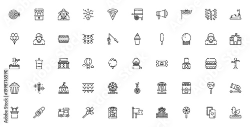 Fair icon set. Carnival and fair vector illustrations. Includes carousel, ferris wheel, clown, fireworks, food stands, games, tickets and more. Editable stroke.