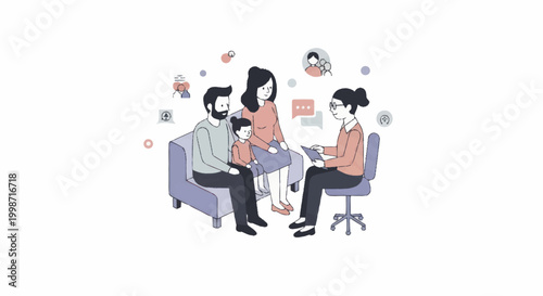 Family therapy session with a female psychologist.