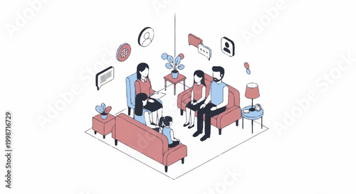 Family therapy session with counselor in a comfortable setting.