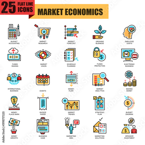 Market Economics Flat Icons Set - Business Growth, Financial Planning, Investment Analysis, and Market Research Symbols for Digital and Print Media