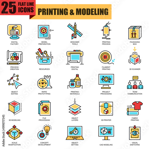 Flat icon set representing printing and modeling, including digital factory, 3D printing, design tools, and manufacturing processes for various industries