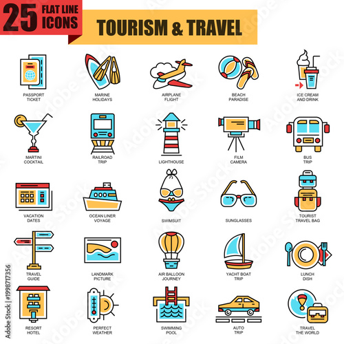 Collection of tourism and travel flat icons, including passport, train, airplane, beach, cocktail, lighthouse, camera, and more