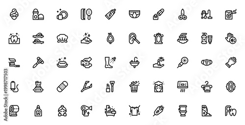 Hygiene Routine icon set. Personal care and cleanliness vector icons. Includes skin care, shower, toothbrush, soap, towel, toilet, mask, comb and more. Editable stroke.