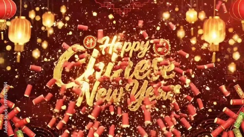 Happy Chinese New Year Celebration with Golden Text and Festive Decorations.
