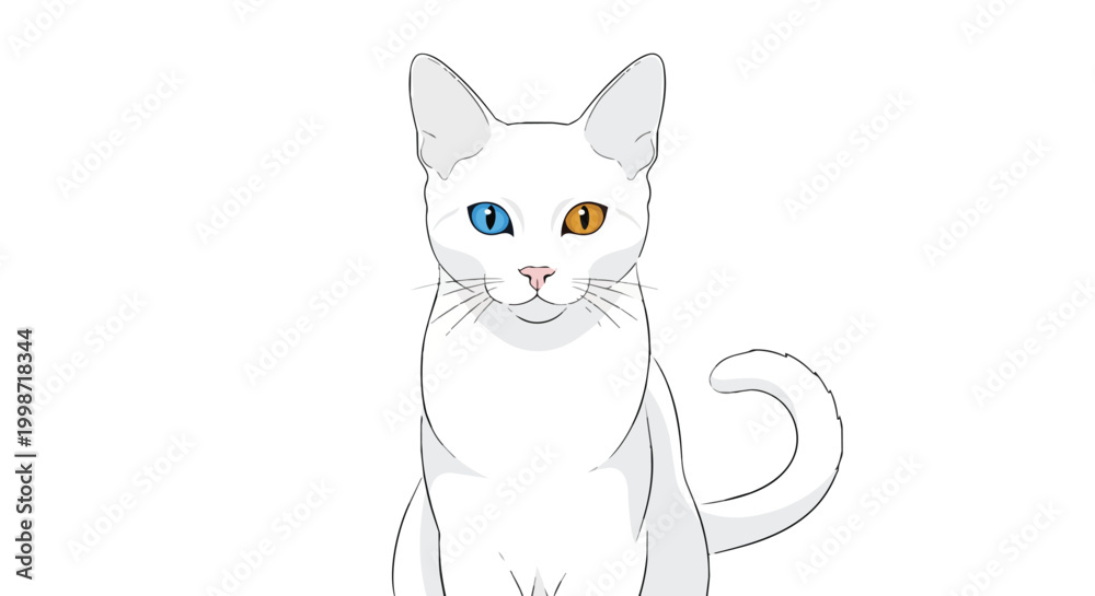 Obraz premium White Cat with Heterochromia Different Colored Blue and Amber Eyes Vector Illustration