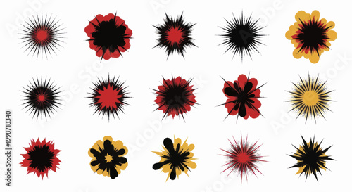 Abstract colorful spiky shapes collection on white background.