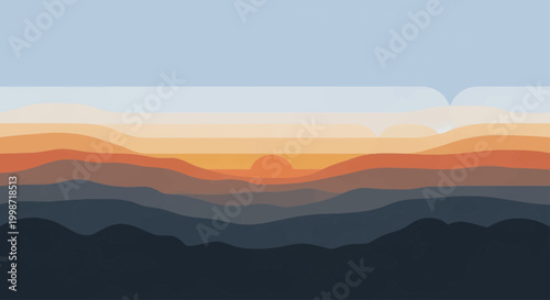 Abstract Mountain Landscape Sunset Sunrise Horizon Vector Illustration.