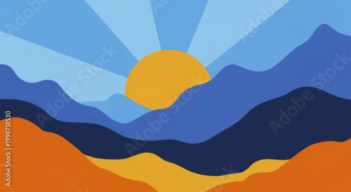 Abstract Mountain Landscape with Rising Sun and Blue Sky.