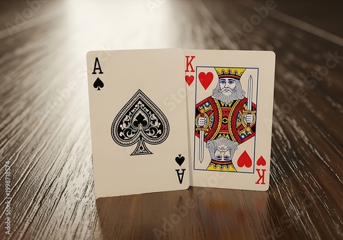 Playing Cards Ace and King on Wooden Surface.