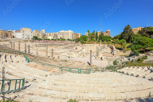 The 4th century Roman Theatre, Imperial Bath Complex and other ruins at the ancient Kom El Deka Archaeological site in Alexandria, Egypt.