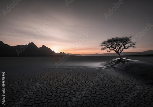 Serene Desert Landscape with Lone Tree at Sunset.