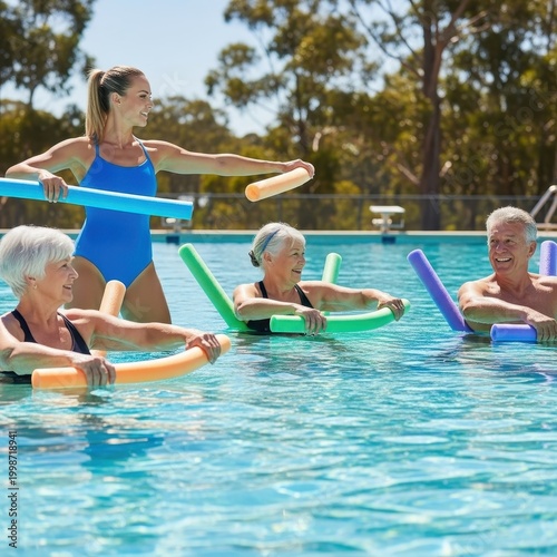 Group of Seniors Enjoying Water Aerobics in Swimming Pool.