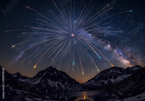 Spectacular Night Sky Fireworks Over Mountain Range.